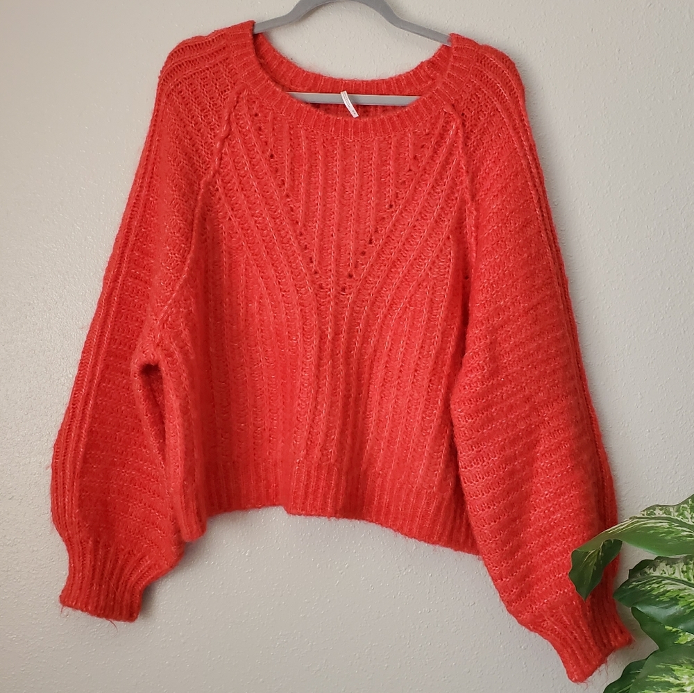 Free People Red Hot Carter Knit Pullover Balloon Sleeve Sweater Top Womens M